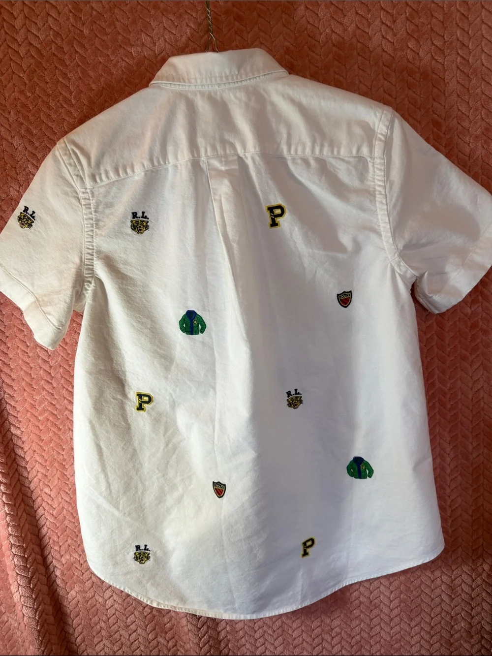 Boys Ralph Lauren White Short-Sleeve Button-Down Shirt with Embroidered Patches